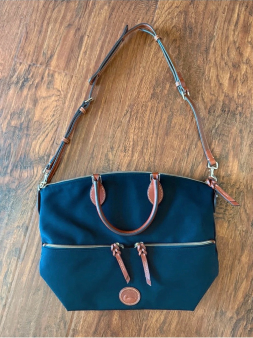 Dooney & Bourke Navy Shoulder Satchel with Brown Leather Trim